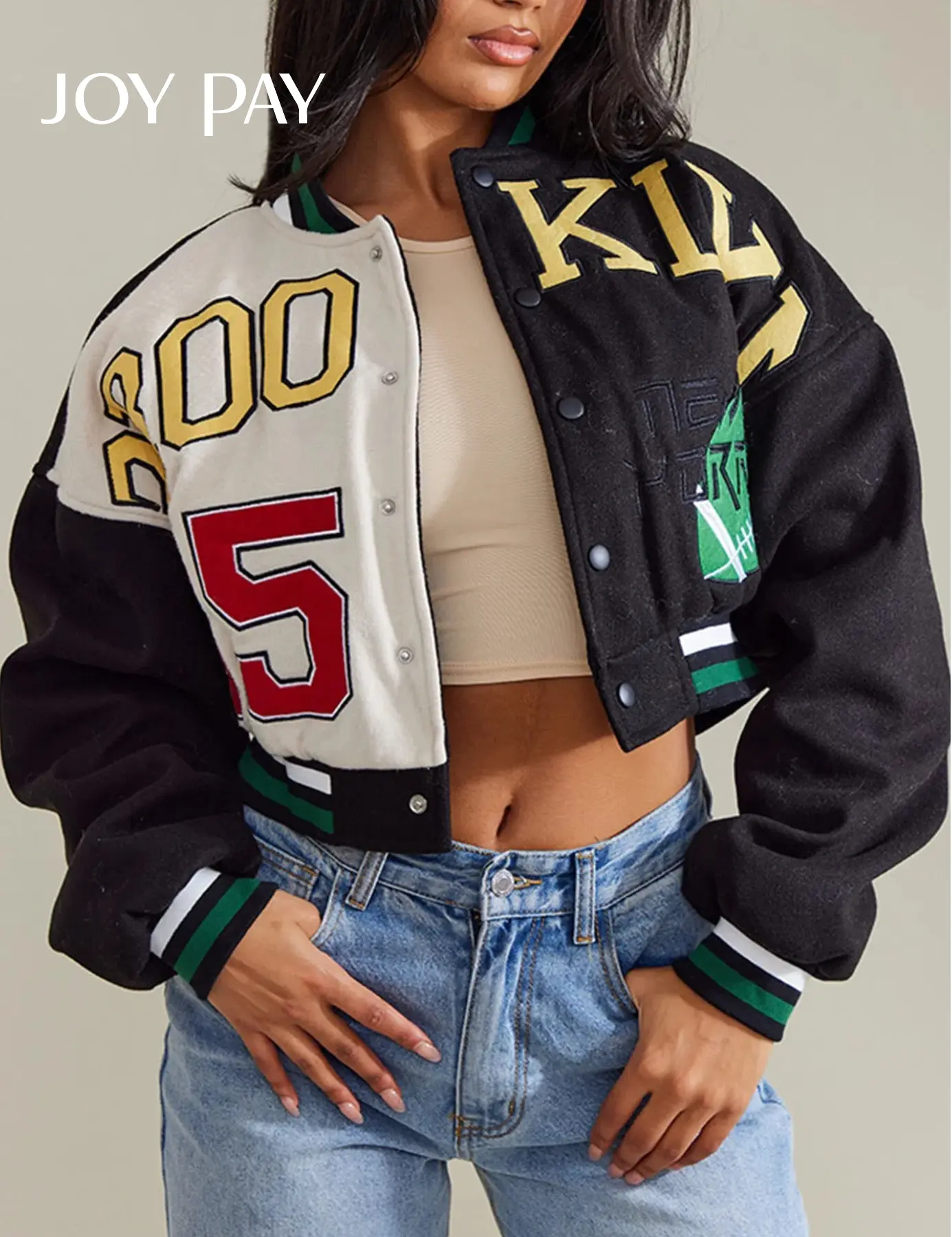 JOYPAY Cropped Varsity Jacket for Women Patchwork Letter Embroidery Baseball Coat Knit Ribbed Striped Ribbed Trims Retro Athletic Style Spring Fall Casual Wear