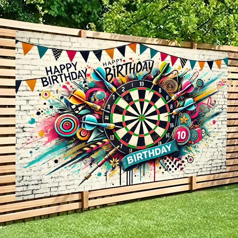 Happy Birthday Dart Party Backdrop Banner - Extra Large Dartboard Design with Happy Birthday Text - No Electricity Needed, Weather-Resistant Polyester Fabric Decoration for Birthday, Dart-Themed Parties, Father's Day Ornaments White