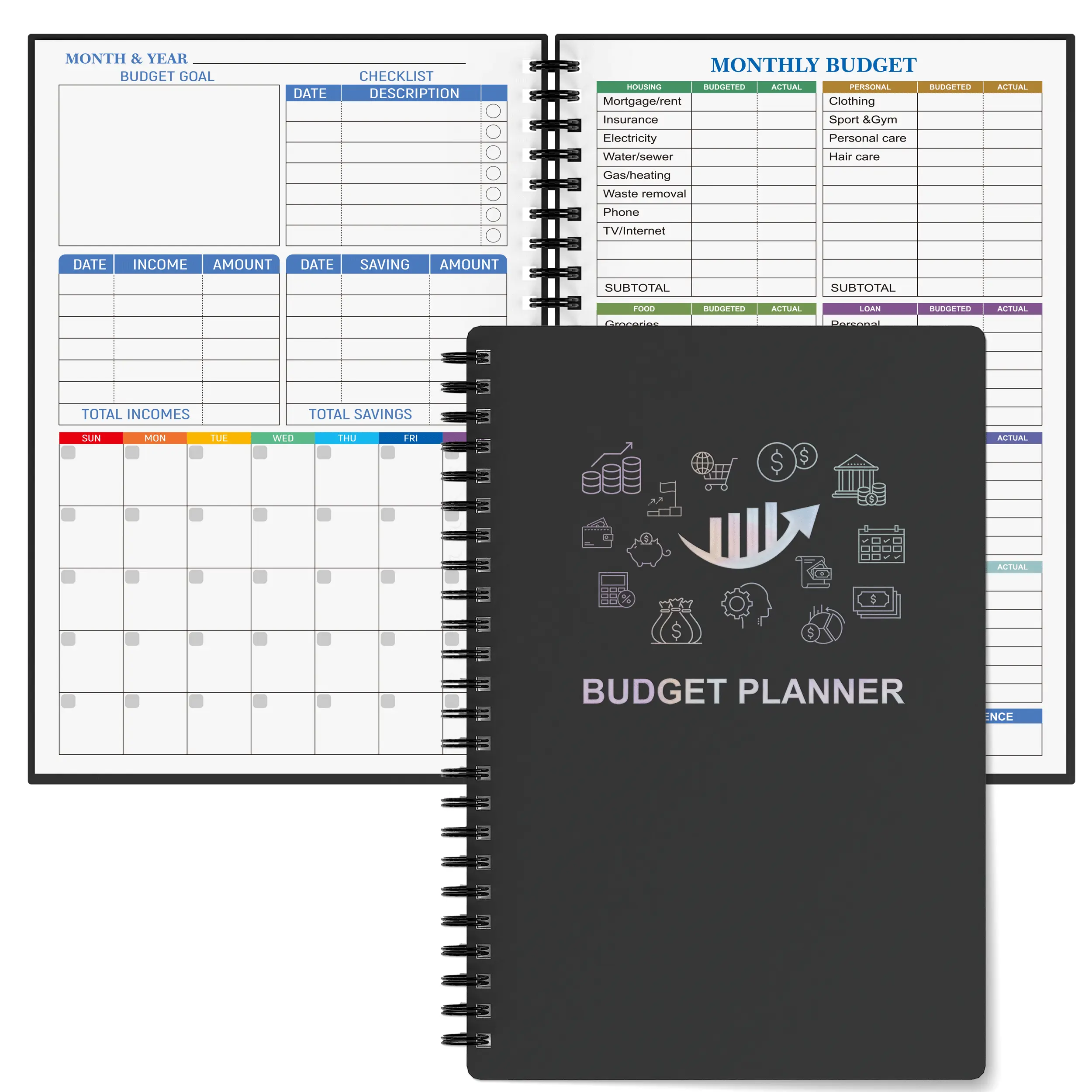Undated Budget Planner Notebook - 8.6x5.9in Twin-Wire 1-Year Planner, Finance Checklist Organizer for Anytime Use with Monthly Goals, Expense Logs, Savings & Debt Management for Households, Supports Effective Money Management & Strong Financial Habits