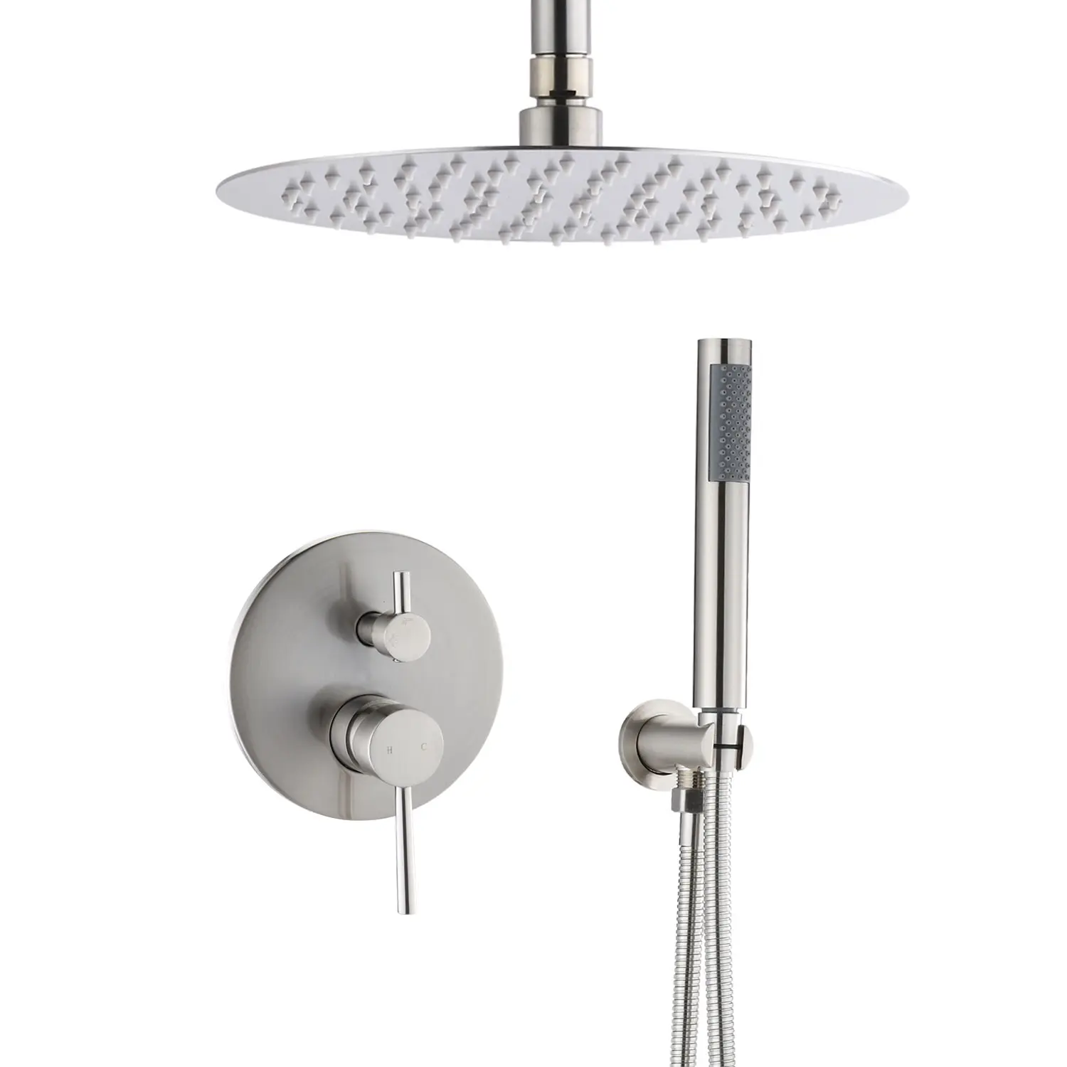 Brushed Nickel Wall-Mount Dual-Head Dome Shower System, 10 in Shower Head, Adjustable Flow Handheld Attachment Plumbing Fixture, Shower Heads, Rain Shower