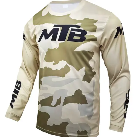 Black Gray Camo MTB Long Sleeve Jersey, Quick Dry Breathable Cycling Shirt, Loose Fit for Mountain Biking, Motorcycle, Fishing, Camping Sports Top