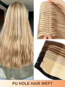 PU Hole Weft Human Hair Extension Real Human Hair Butterfly Weft Hair Extension Blonde Color 12-22inch Straight Human Hair Extensions Invisible Hair Extensions Silky Hair Suitable for Daily & Party & Wedding for Women Hair Weave Extensions