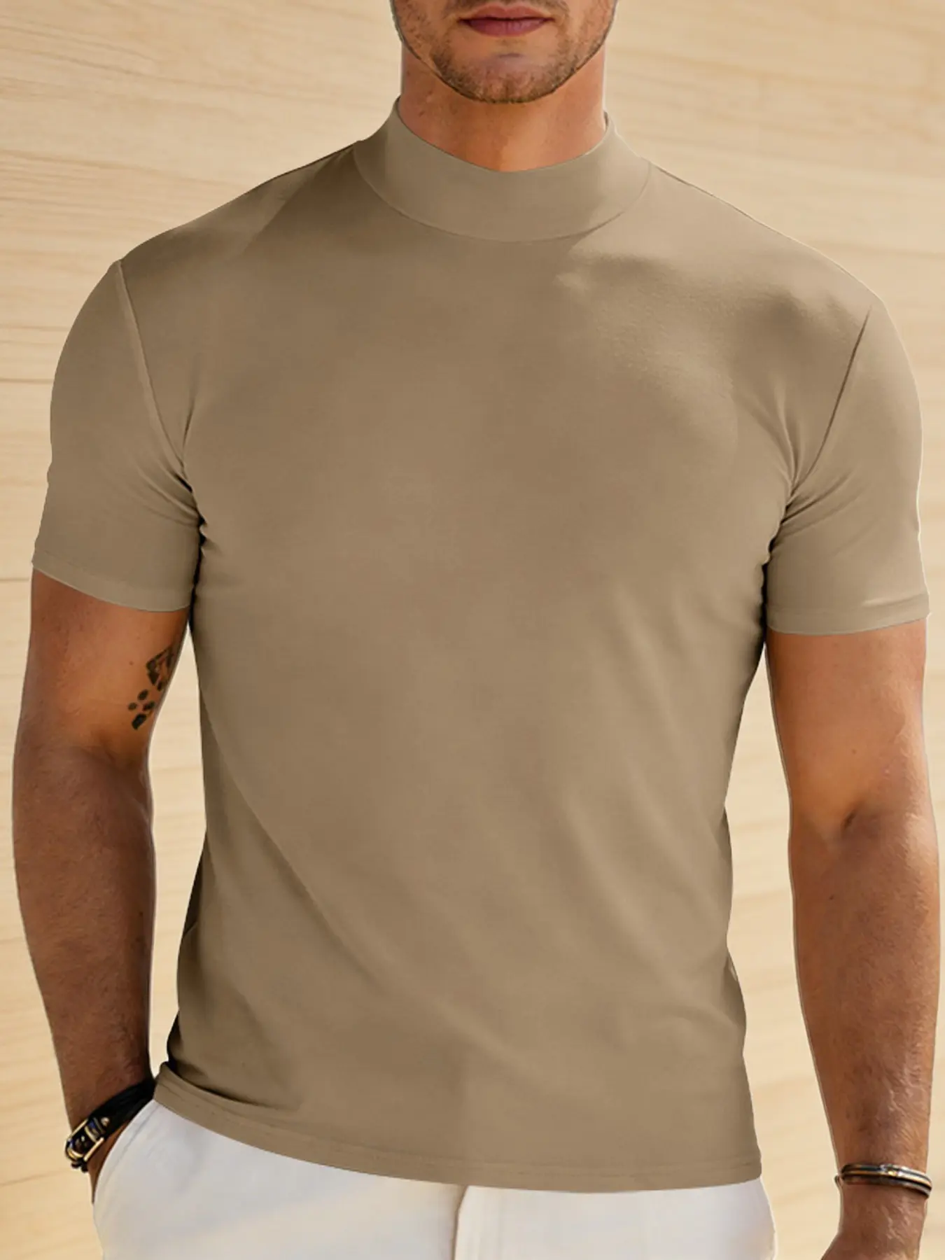 Men's Fashion Basic Small High Neck Short Sleeve T-Shirt, Breathable, Half High Neck Design, Plain Simple Casual Style, American Light Business Wind