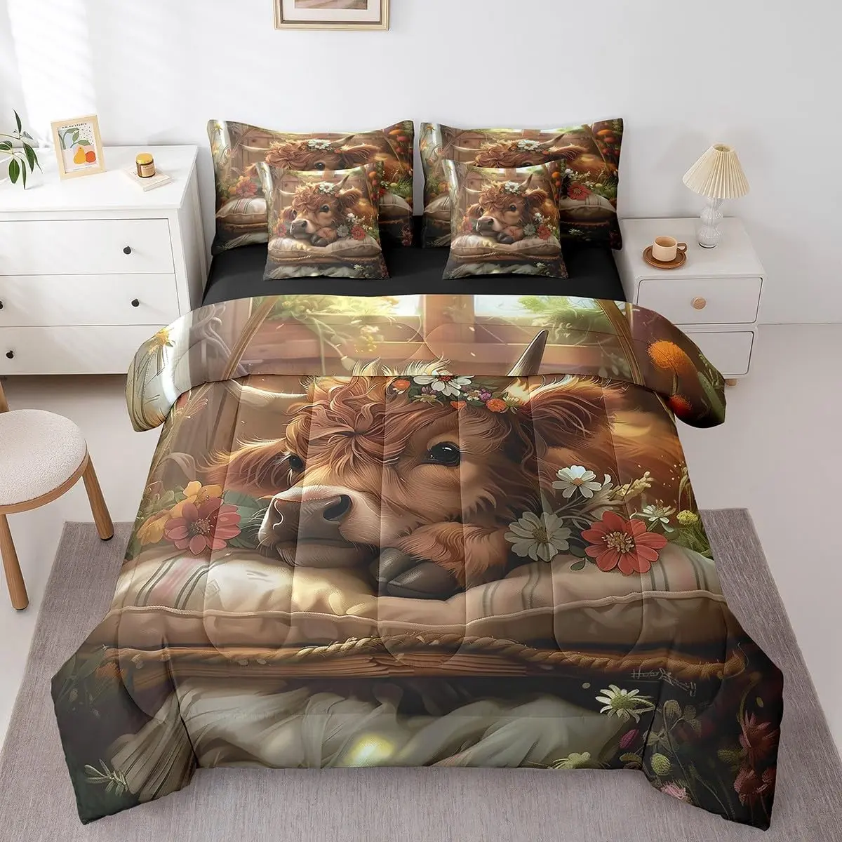 Cute Highland Cow Bedding Funny Cow Calf Comforter Set Western Farm Animal With Daisy Flowers Comforter + Flat Sheet + Fitted Sheet + 2 Pillowcases + 2 Throw Pillow Covers