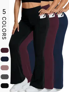 Women's 3-Pack Super Soft Flare Pants with Pockets, High-Waisted Tummy Control Bell Bottoms, No-See-Through Workout & Yoga Elastic Waist Leggings