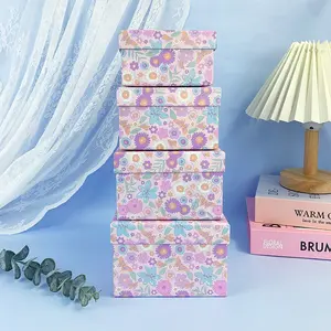 4pcs Pink Floral Print Storage Gift Box Set, Multi-Functional Nesting Packaging Box for Home Decor, Holiday Gifts for Mother's Day, Valentine's, Birthday, Anniversary