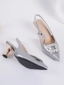 Spring Summer Silver Color Open Toe Sandals, High Heel Fine Strap Pointed Toe Water Drill Crystal Buckle, Women's Work Casual Commuter Shoes