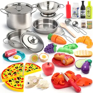 Pretend Play Accessories - 52pc Kids Kitchen Playset with Play Food, Stainless Steel Cookware, Toys Pots and Pans, Toddler Kitchen Set with Cuttable Toy Food - Boys and Girls Gift