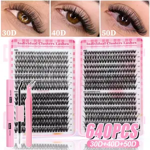 DIY Cluster Eyelash Set, Eyelash Extensions, 30D+40D+50D, Natural Look & Ultra Soft & Lightweight, D Curl, Mixed Lengths, Reusable, Includes Glue & Tweezers