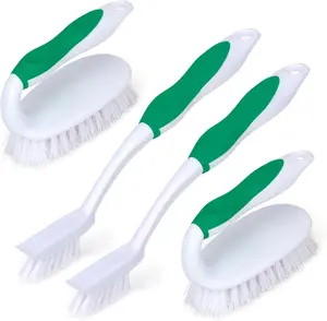 4-Pack Deep Cleaning Scrub Kit - 2 General Scrubbers, 2 Tile & Grout Tools with Built-in Scrapers, Home & Commercial Cleaner for Toilet, Floor (Green)