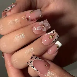 Leopard Print French Tip 3D Flower Gold Beads Medium Coffin Summer Press On Nails – 24 pcs Fake Nails, Kit with Jelly Glue & File, Easy Application, Long-Lasting, Nails for Summer Glam & Statement Looks