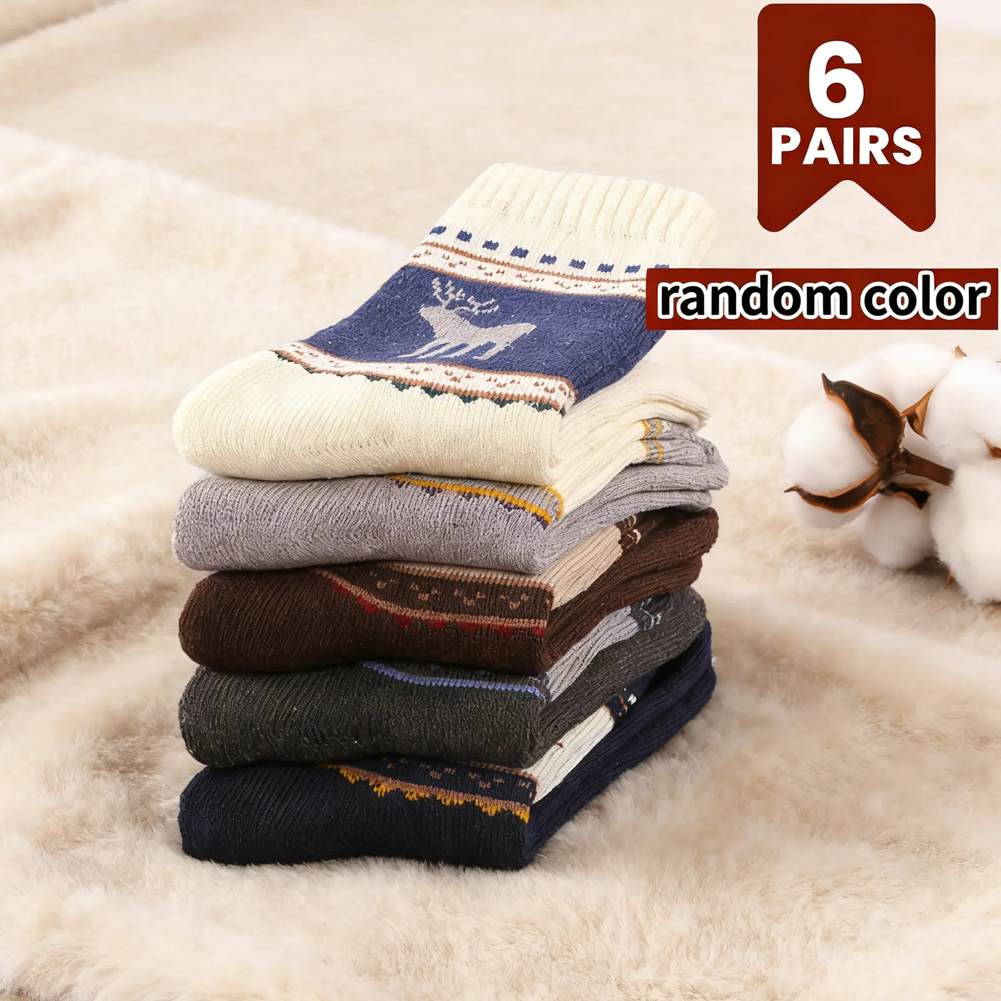 6 Pairs of Warm Winter Mid-Calf Socks for Men - Thickened Fleece Lined Socks, Suitable for Cold Weather