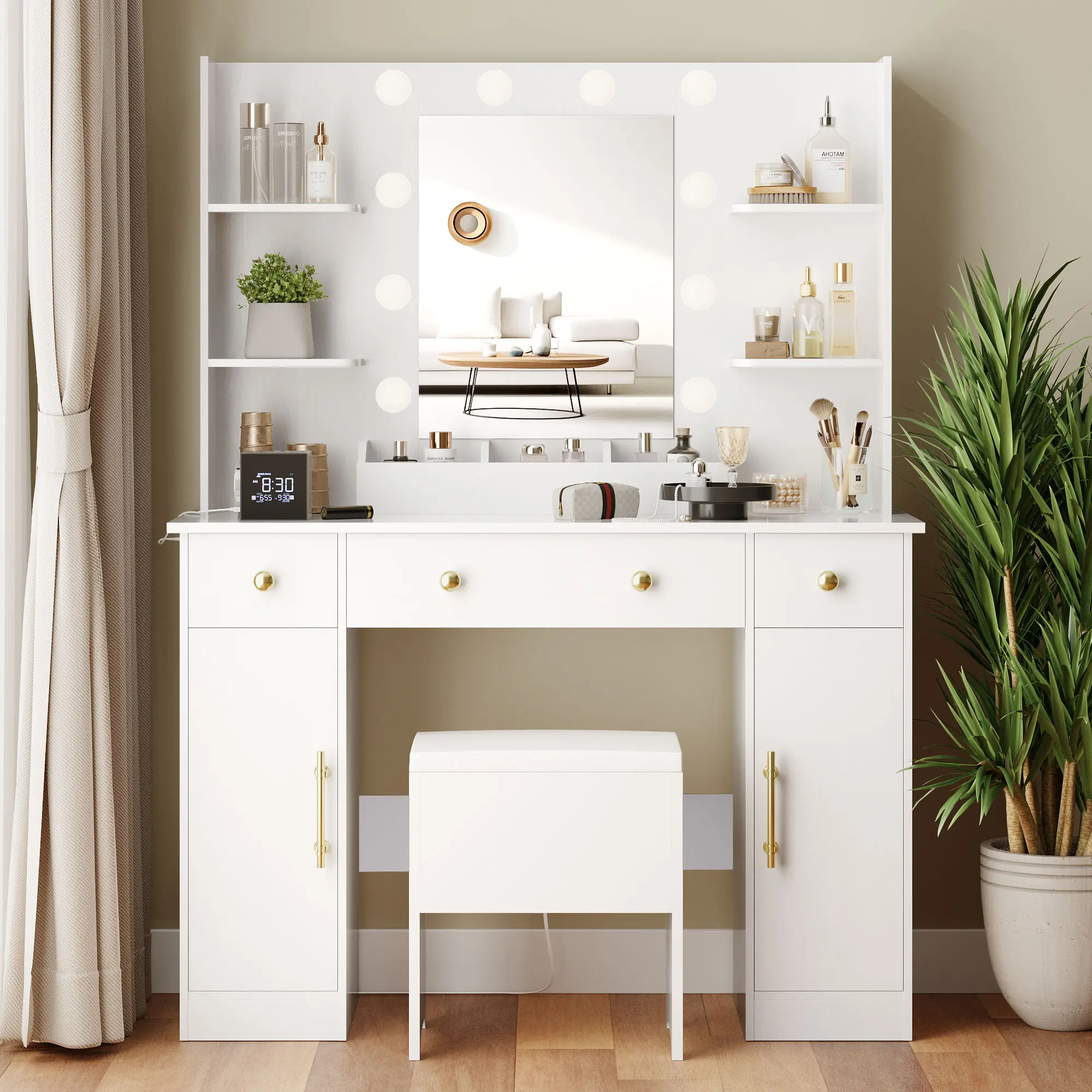 Vanity Desk with Large Mirror - Adjustable Lighting Modes with Vanity Stool- Charging Station and Ample Storage