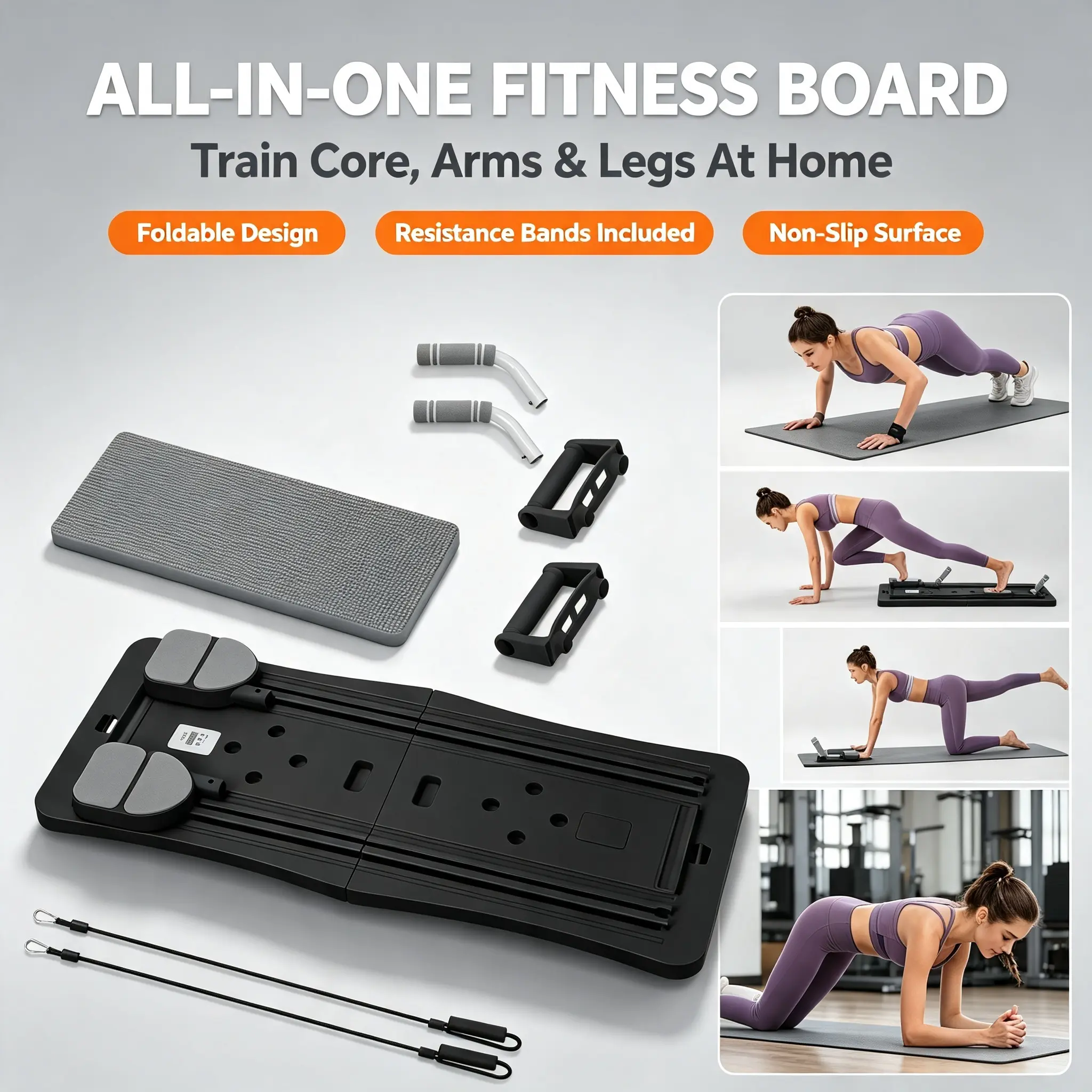 Foldable Auto Rebound Plank Trainer Multifunctional Pilates Reformer Board with Extended Slide Rail & Built-in Timer, Non-Slip Compact Home Core Trainer for Full Body Abs Sculpting Workout