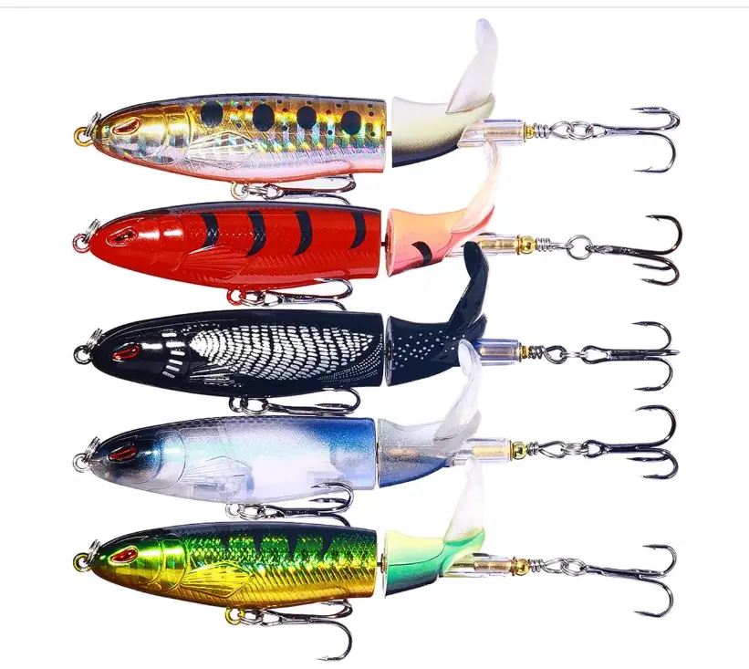 5Pcs Whopper Fishing Lure for Bass Popper Top Water Fishing Lures with Floating Rotating Tail Barb Treble Hooks in Saltwater Freshwater Plopping Lures Kit - Home Improvement.
