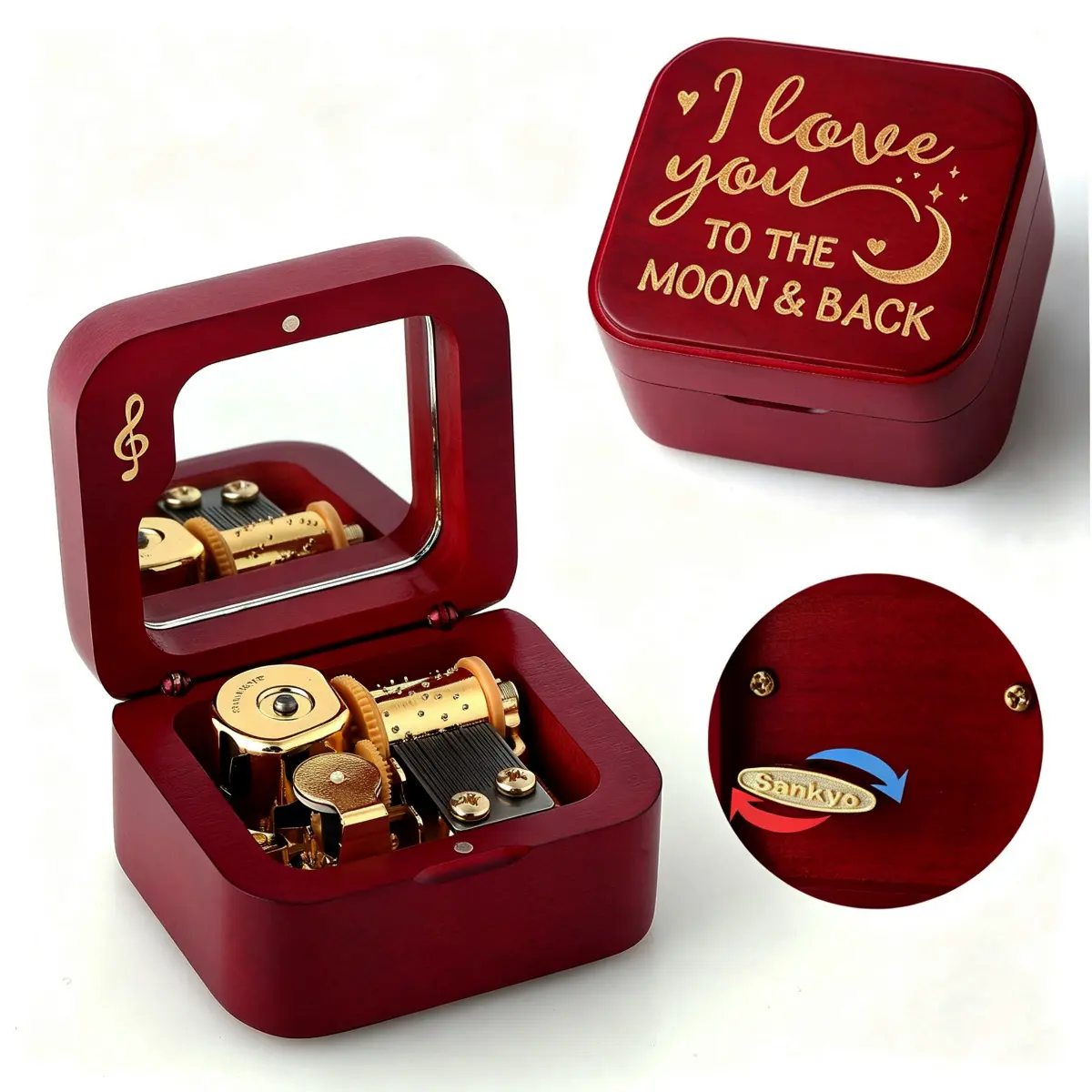 Compact Retro Wooden Music Box with Sankyo Movement, Geometric Pattern, Artisan Engraving, "Can't Help Falling in Love" Tune, Romantic Home Decor, Birthday & Christmas Gift for Her, Auspicious Bedroom Accessory
