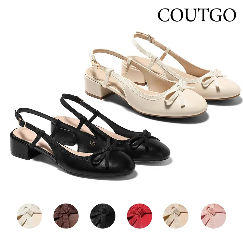 Coutgo Womens Chunky Low Heels Slingback Ballet Bow Pumps Closed Toe Wedding Dress Shoes