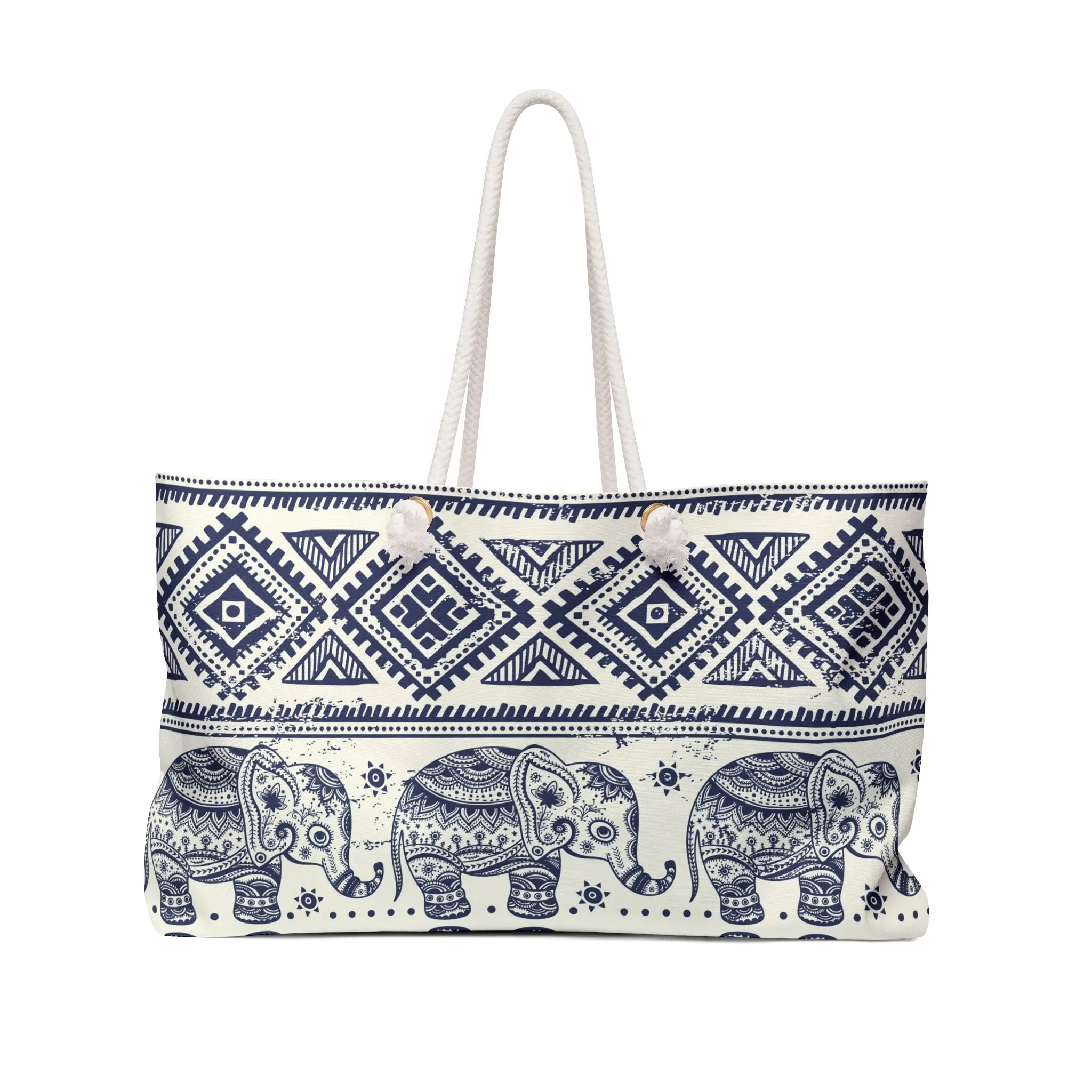 Elephant Weekender Bag - 100% Spun Polyester, Wrinkle-Free, Rope Handles with Gold Grommets, Cream Interior Lining, 24" x 13" Size, Ideal for Travel & Weekend Getaways