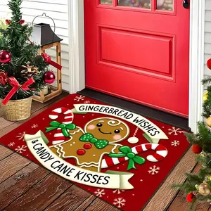 [Festive Gingerbread Mat] 1pc Festive Gingerbread Candy Cane Decorative Rug Mat | Machine Washable, Vintage Farmhouse, Indoor Outdoor | Christmas Decoration, Room Decor, Home