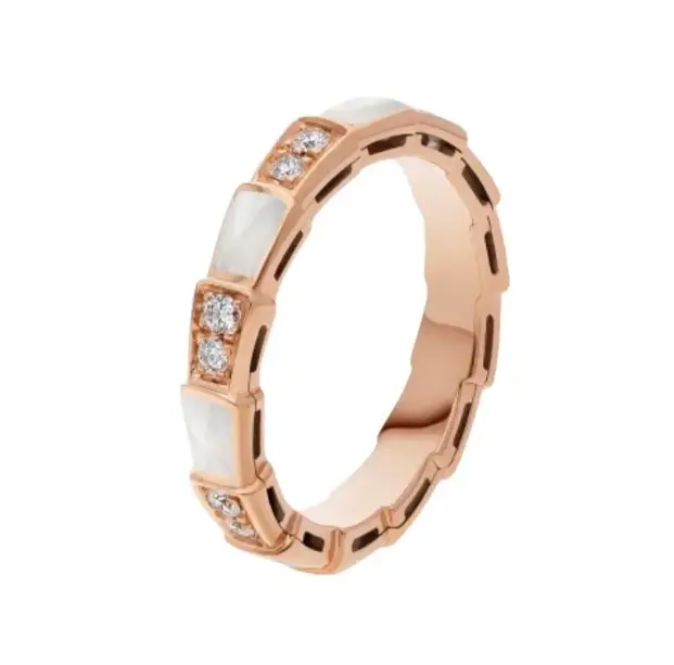 Pre-owned Bvlgari Serpenti Viper 18 kt rose gold Thin band ring set with pavé dia and white mother of pearl elements,full set