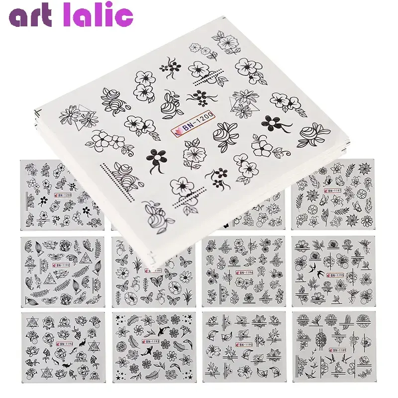 24pcs Mixed Nail Sticker Set Water Transfer Black Flower Colorful Ink Bird Design DIY Nail Art Sticker Decals for Decoration