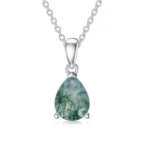 S925 sterling silver women's moss agate necklace teardrop pendant