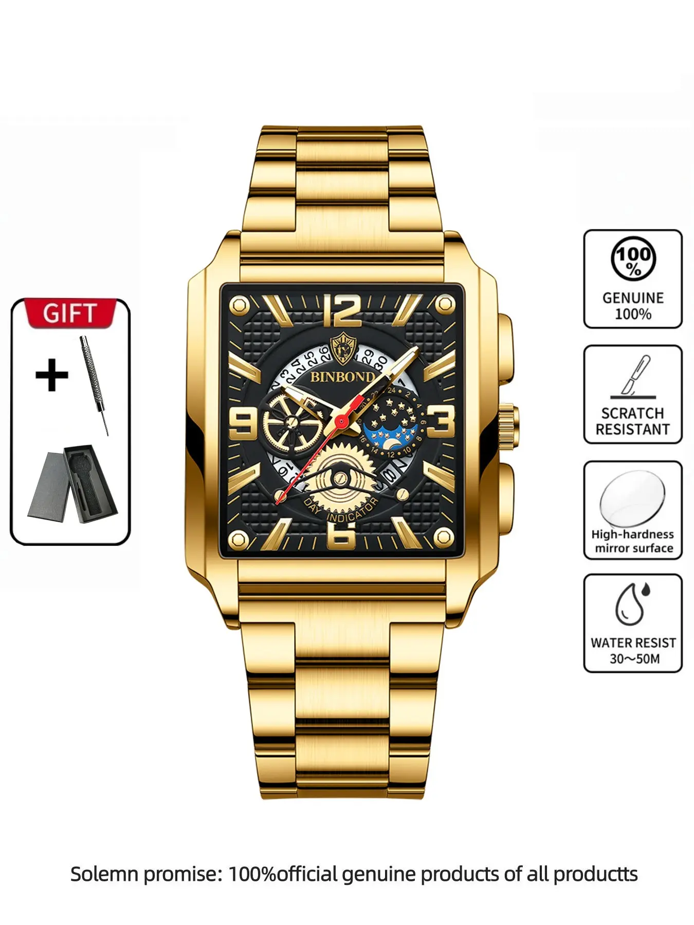 Binbond B6575 Multifunctional Quartz Watch, Moon Phase + Luminous Dial + Calendar + 30m Waterproof, Multiple Color Options Available, Men Watch