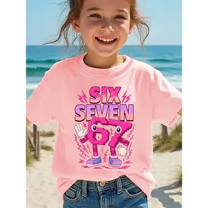 Summer Fashion Girls' Short Sleeve T-Shirt SIX SEVEN Pink Numbers Six Seven Pink Color TV Cartoon Pattern Print Casual Versatile Top NY-DX7633