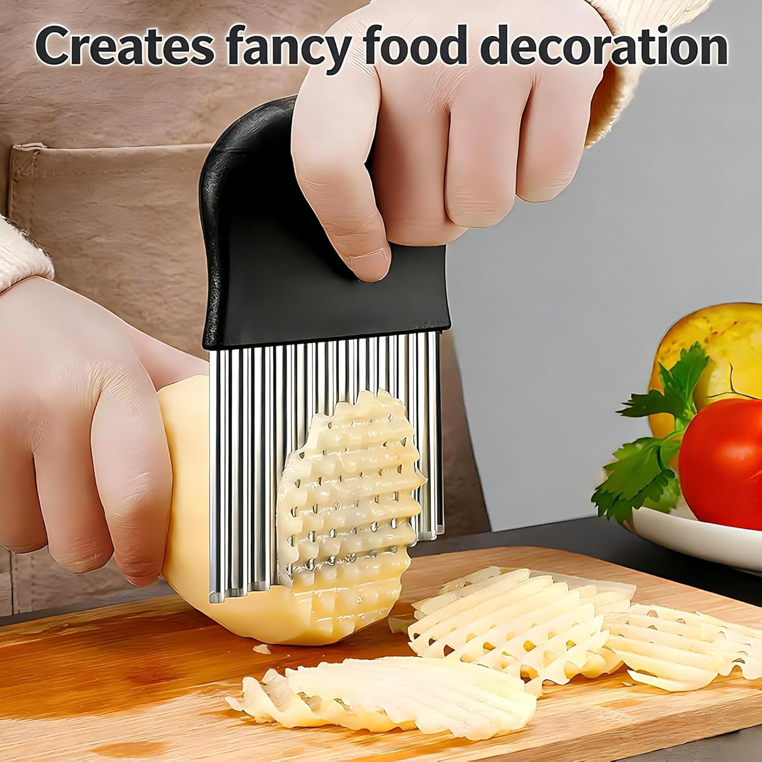 Stainless Steel Crinkle Cutter Knife – Wavy French Fry Slicer for Vegetables, Fruits & Decorative Food Prep
