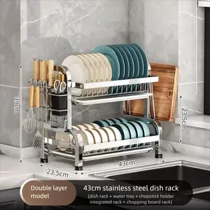 Stainless steel dish drying rack with drainage system - Large-capacity kitchen countertop storage rack, a multi-functional storage container for bowls, plates and tableware, easy to assemble