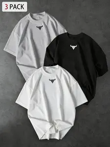 3-Pack Unisex Oversized Cotton T-Shirts with Minimalist Bull-Horn Logo Print, Casual Streetwear for Daily & Gym Wear