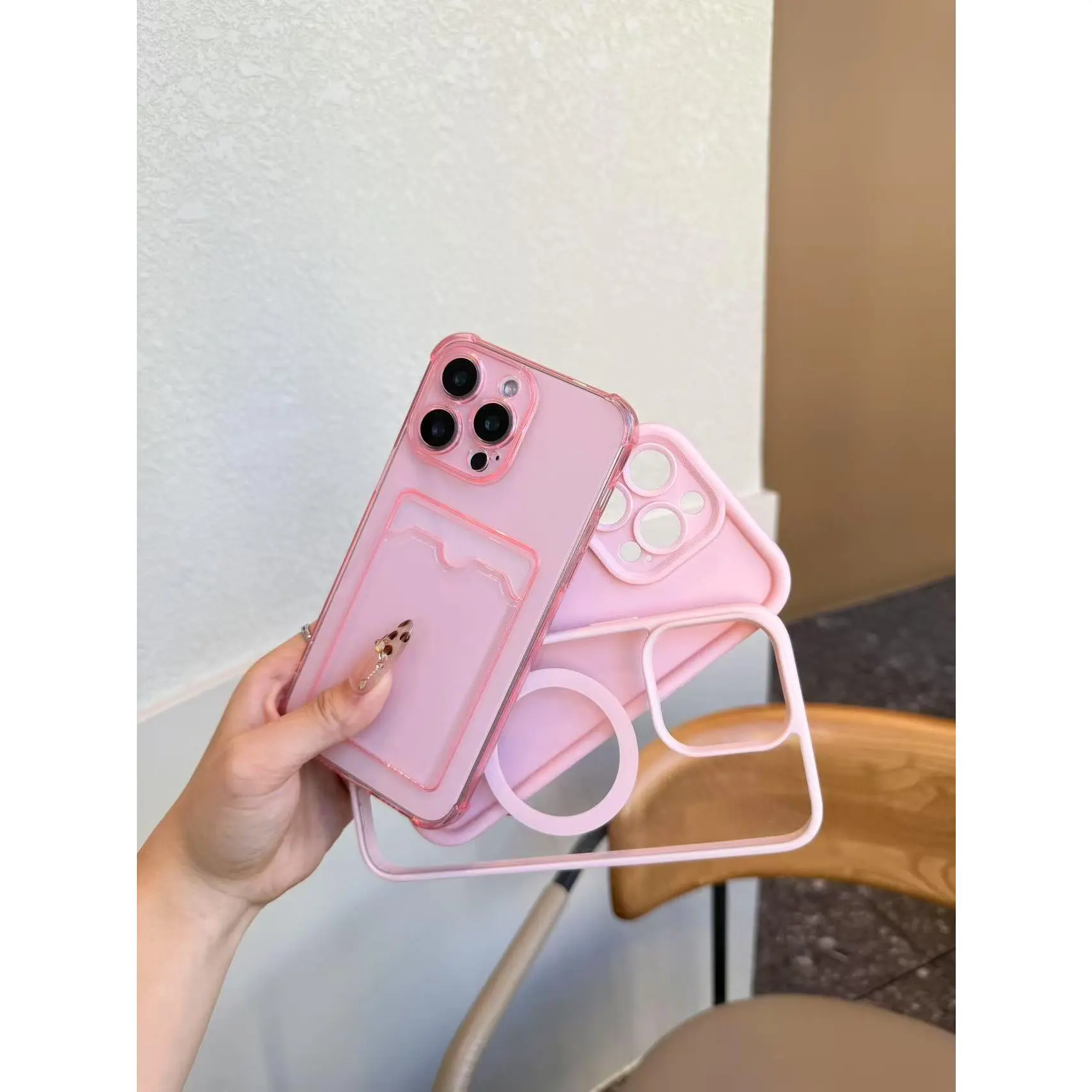 3PC: One transparent magnetic phone case compatible with wireless charging, one soft and skin-friendly to the touch, and one transparent case with a card slot. All are made of TPU material, making them shockproof and drop-resistant.