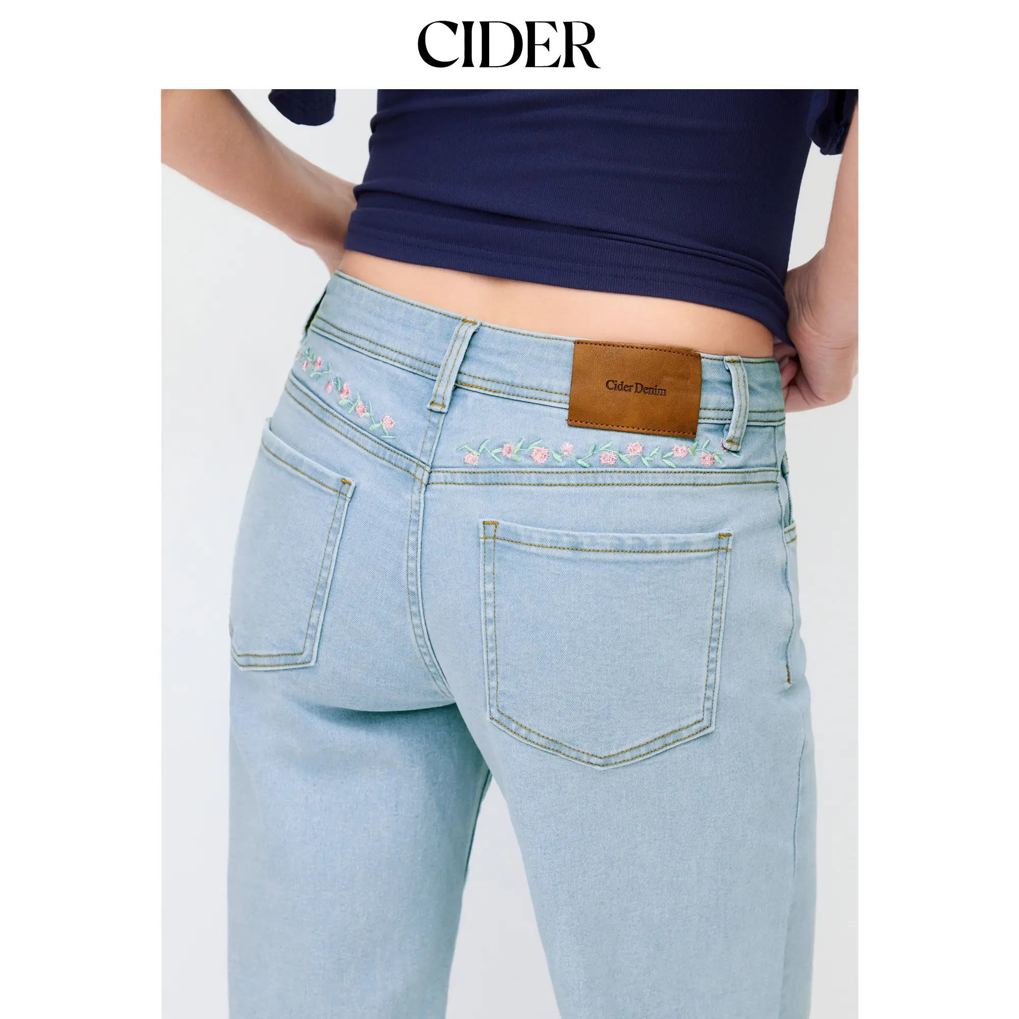 Cider Stretch Denim Low Rise Floral Embroidery Metal Detail Straight Leg Jeans