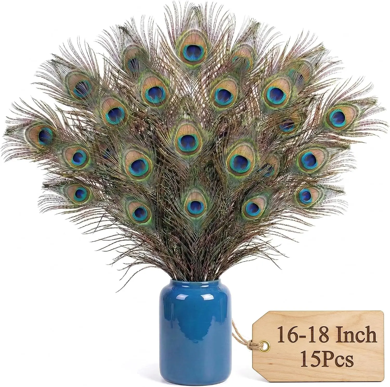 Lamar 15 Pcs Peacock Feathers 16-18 in Natural | For tall vases, wedding centerpieces, home decor, costumes, and DIY crafts