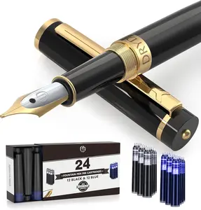 Fountain Pen Medium Nib  Pouch - with 24 Ink Cartridges -  (Intense Black)