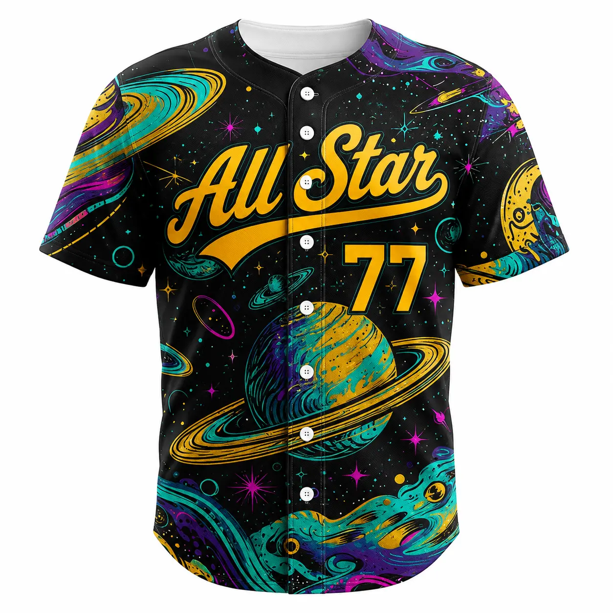 Full printed Universe Galaxy button front jersey, vibrant planet print design, exquisite All Star 77 art print, breathable mesh loose casual baseball shirt, party event, men's clothing Menswear Tops