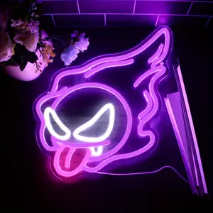 Purple Fire Ghost Neon Sign Light LED USB Powered Ghost Led Neon Light with On/Off Switch Gaming Neon Sign for Game Room Man Cave Decoration 40x30cm Acrylic Silicon