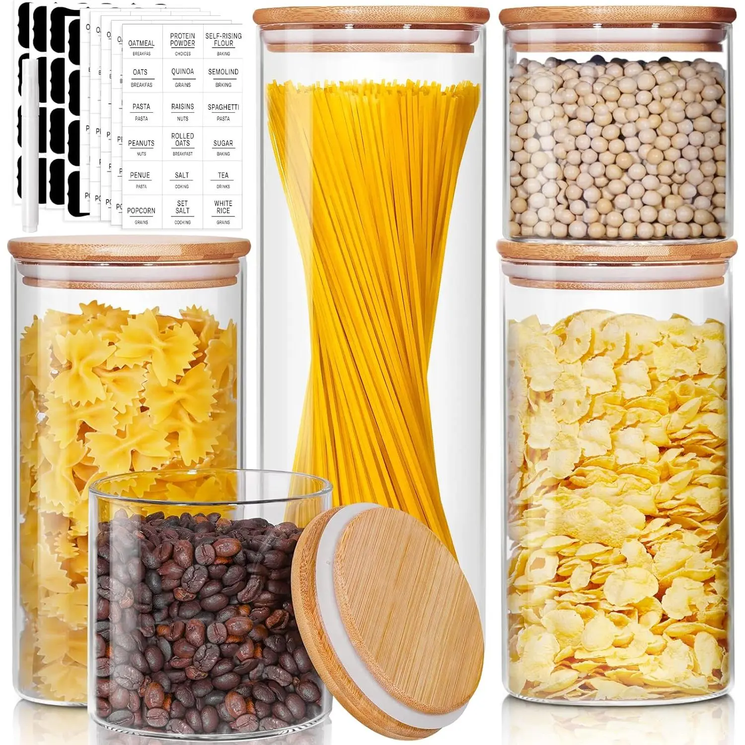 Glass Jar with Bamboo Lid [Multi-Size 5-Piece Set], Glass Jar with Sealing Lid, Suitable for Pasta, Oatmeal, Coffee, Flour, Sugar, Glass Food Storage Container Suitable for Rice, Best for Kitchen and Pantry