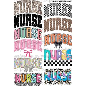 Nurse Varsity Mini DTF Transfer Gang Sheet 24.5" Wide x 36" Long Direct To Film Trendy Vibrant Designs for Stylish Wardrobe