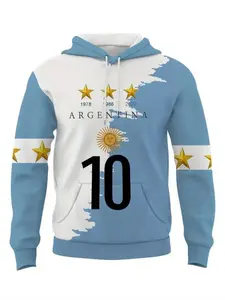 Men's Casual Hooded Sweatshirt with Argentina Flag Print, Blue Polyester Pullover, Drawstring Design