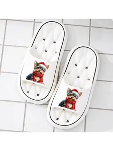 Christmas Yorkie Dog with Santa Hat Print Quick-Dry Hollow Out Slide Slippers, Non-Slip Drainage Bathroom Shower Shoes, Soft Cushioned Home Sandals for Pet Lovers & Christmas Gifts