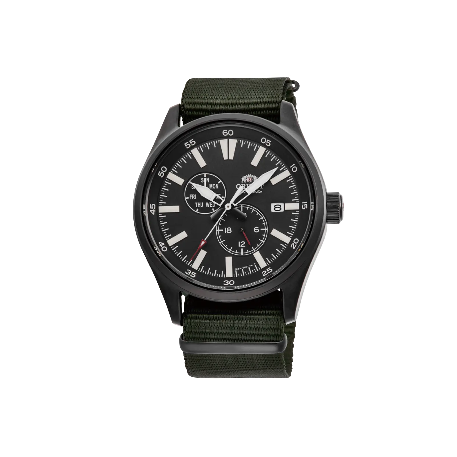 Orient Field Automatic Stainless Steel Wristwatch for Men, 42.4mm Black Dial with Day-Date and 100m Water Resistance, Green Nylon Strap, Automatic Wristwatch