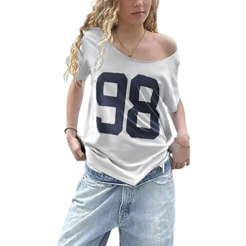 Women's Wear Women's Oversized Jersey Off Shoulder Shirt Crewneck Number Graphic T Shirt Y2k E-Girl Summer Going Out Tops