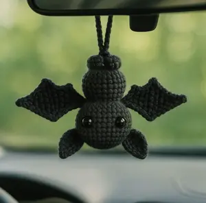 Crochet Bat Car Charm – Goth Rearview Mirror Accessory, Plush Amigurumi Hanging Bat Decor for Women Men Teens, Cute Cool Car Ornament Gift