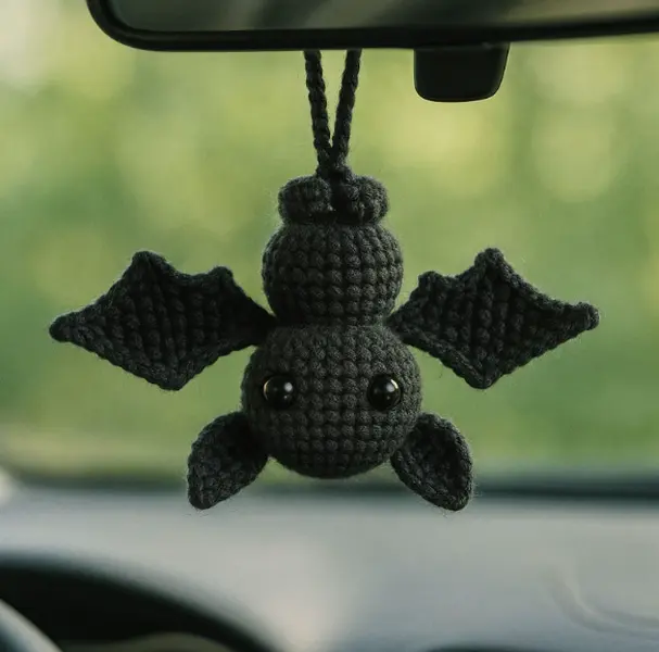 Crochet Bat Car Charm – Goth Rearview Mirror Accessory, Plush Amigurumi Hanging Bat Decor for Women Men Teens, Cute Cool Car Ornament Gift