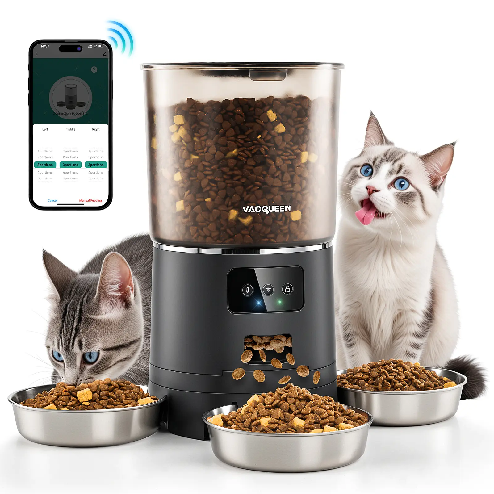 Vacqueen Smart Automatic Cat Feeder for 3 Cats, Strong Anti-Jam System, Dual-Effect Desiccant Cat Food Dispenser, 6L Pet Feeder with 10S Voice Recorde
