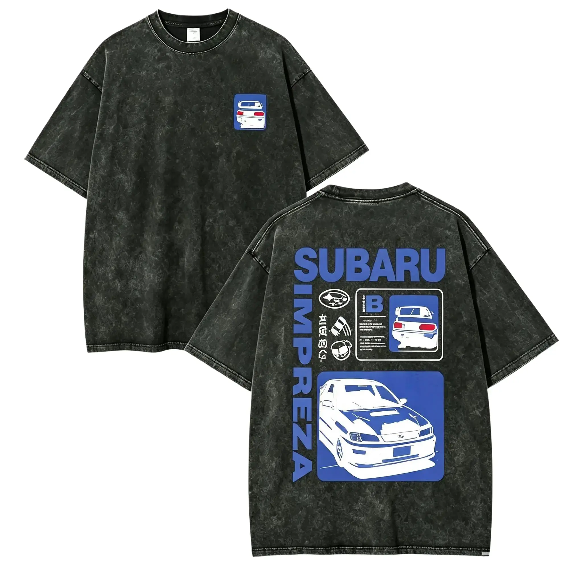 Men's Oversized Vintage Washed Soft Cotton JDM Short-Sleeve Round Neck T-Shirt - Loose Fit, Dual-Side Printed, Front Small Logo, Back Subaru Impreza Graphic, Retro Sports Sedan Artwork, Street Style Stylish Car Enthusiast Daily Wear,  everyday tshirt