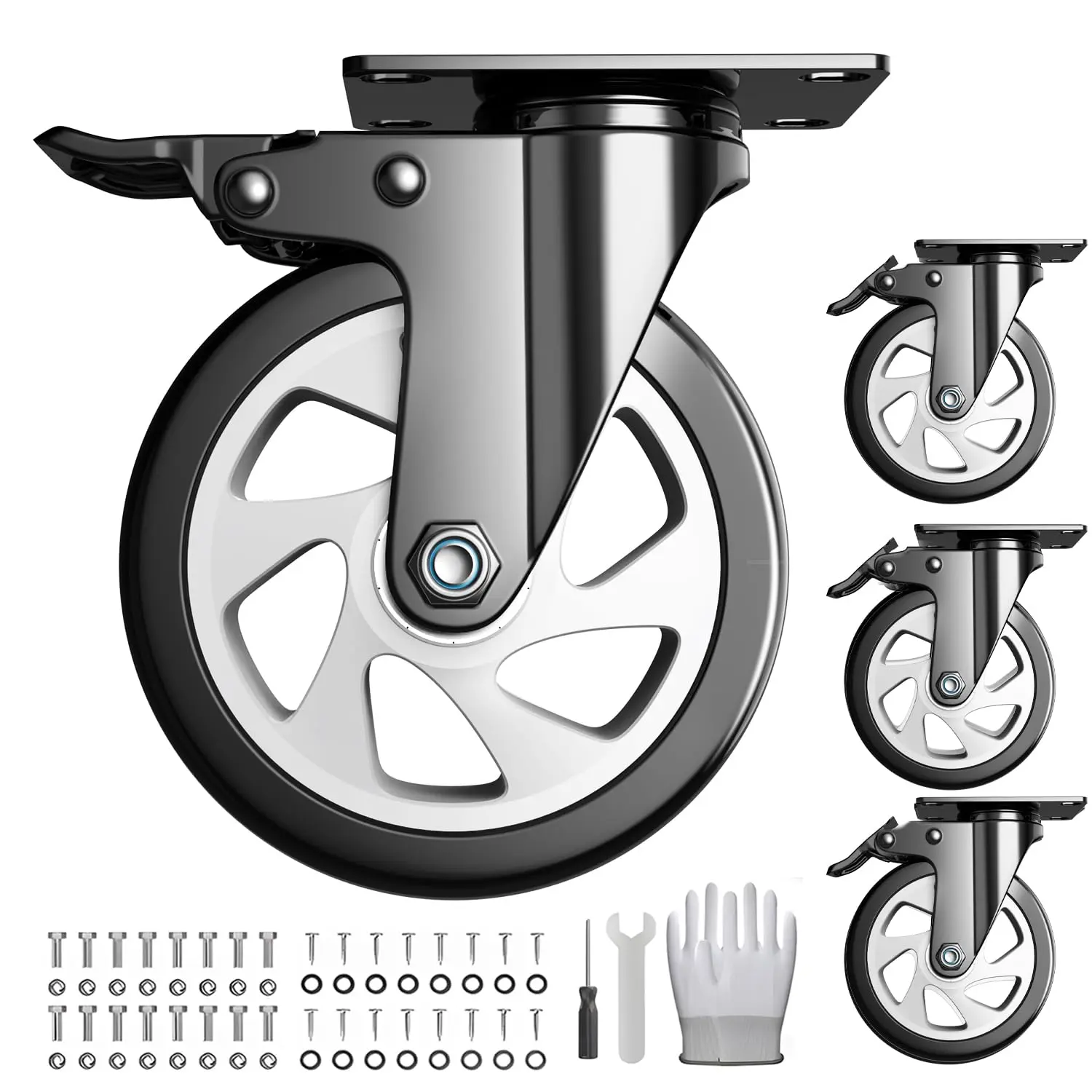 5 Inch Caster Wheels with Safety Dual Locking 2400Lbs, Heavy Duty Swivel Casters Set of 4, Polyurethane No Noise Wheels for Cart, Workbench, Furniture(Bonus of 2 Hardware Kits)