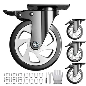 5 Inch Caster Wheels with Safety Dual Locking 2400Lbs, Heavy Duty Swivel Casters Set of 4, Polyurethane No Noise Wheels for Cart, Workbench, Furniture(Bonus of 2 Hardware Kits)