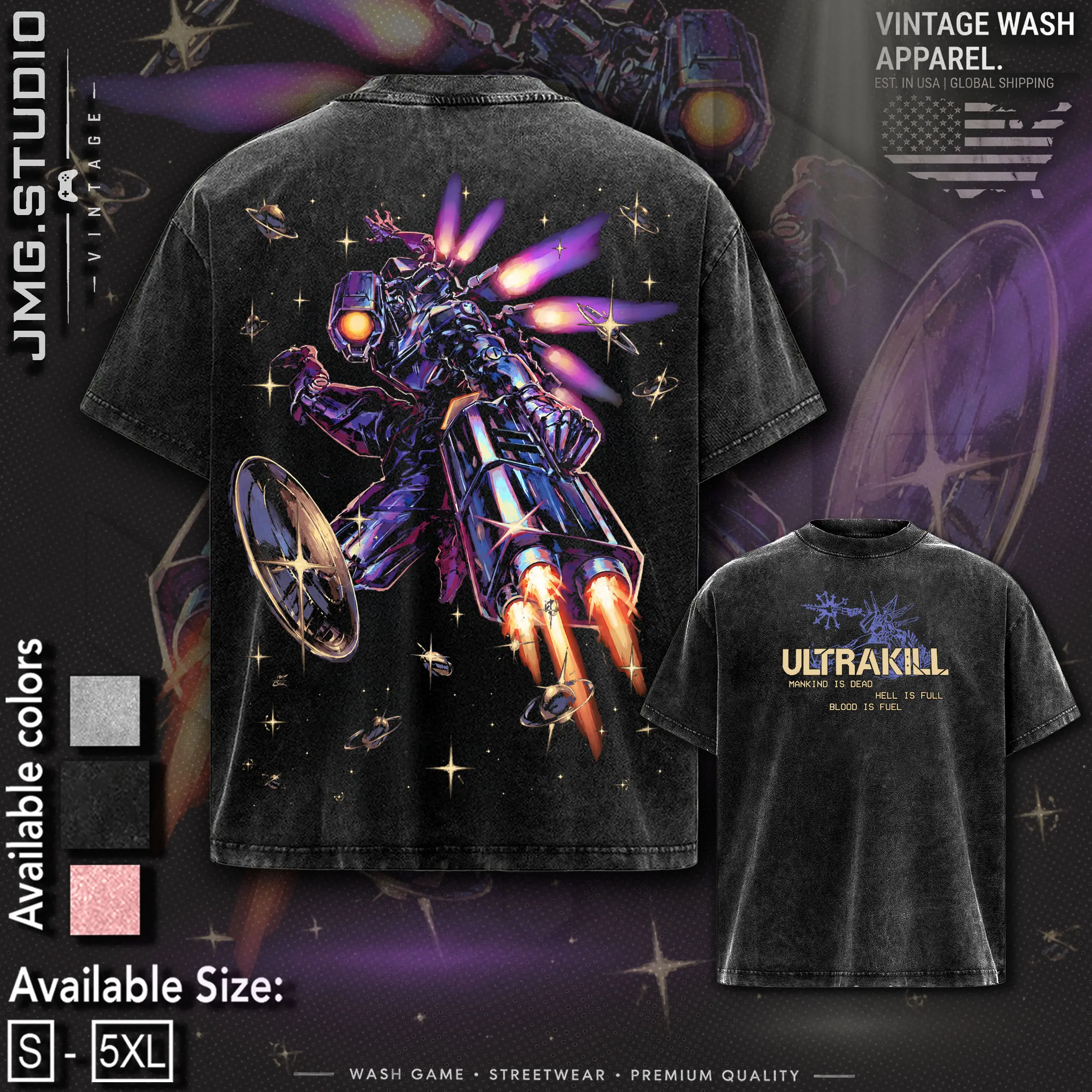 Ultrakill Gabriel Fallen Angel Gaming T-Shirt Double-sided Heavyweight Washed Fabric Cotton Graphic Tee Gamis Oversized Crewneck Streetwear Casual